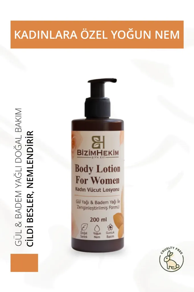 Kadın Vücut Losyonu 200ml | Nemlendirici Vücut Kremi, Gül & Badem Yağlı Doğal Bakım
