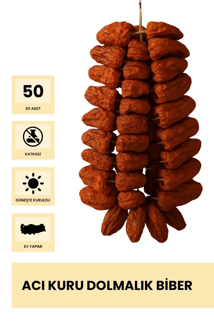 Acı Kuru Dolmalık Biber 1 İp (50 ADET)